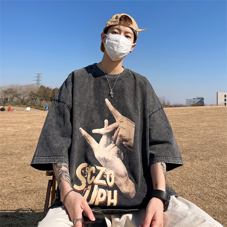 量大优供视频重磅美式复古蜡染水洗做旧短袖t恤SX10特P30,男装T恤,电商A486