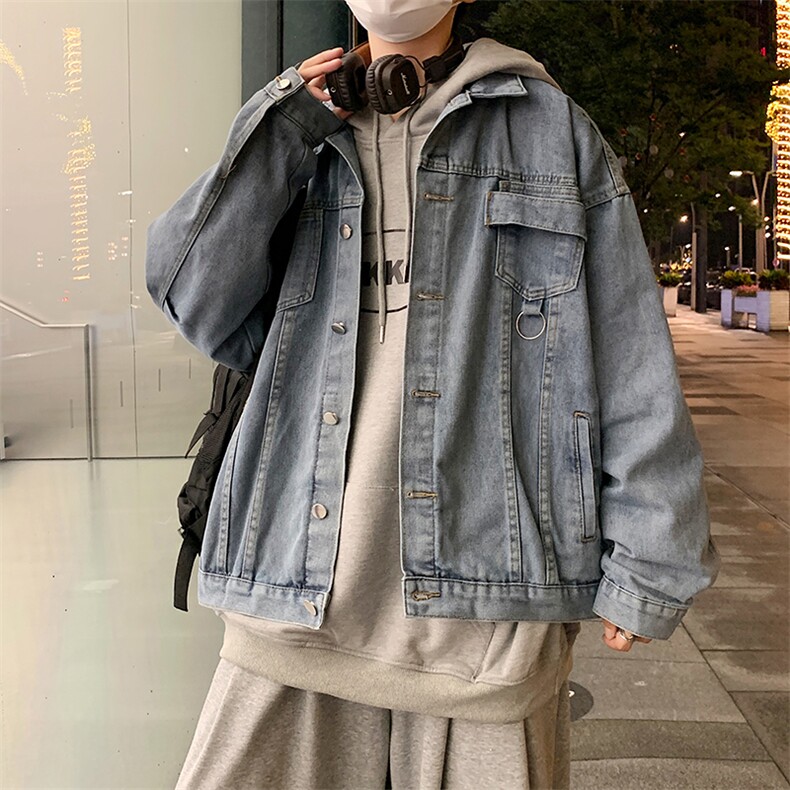日系复古牛仔春秋新款港风夹克外衣宽松工装休闲牛仔衣 W1471-P64图片