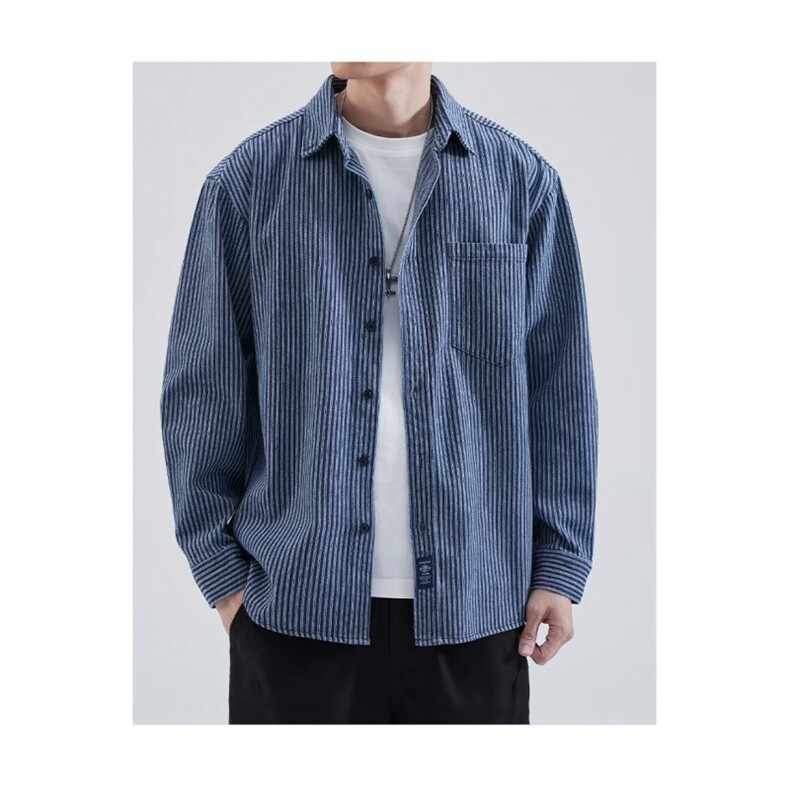 1506/QC1600/P54蓝色条纹衬衫男款潮牌日系宽松休闲牛仔衬衣外套,男装衬衫,星座1506