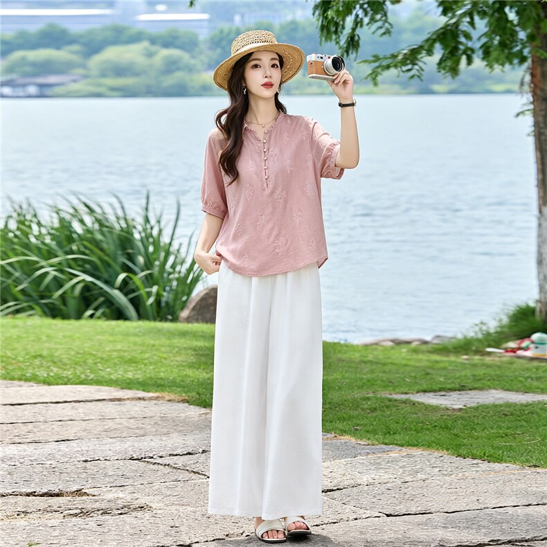现货！苎麻上衣女高端苎麻套装2026新款夏季时尚绣花透气凉爽裤,女装套装/套裙,衣之秀