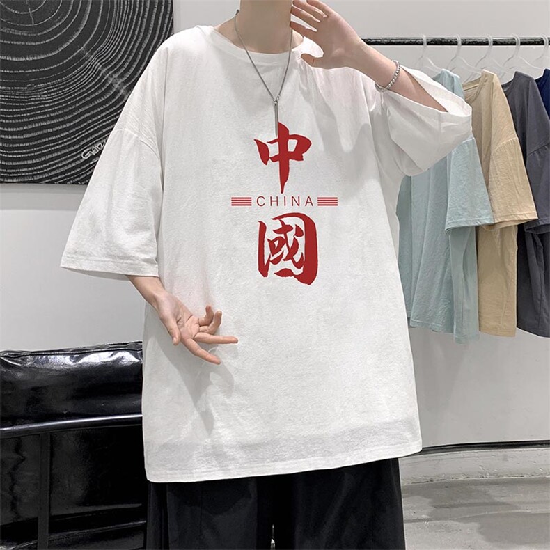 YT26198-P30 亚短袖t恤男大码五分袖男宽松七分袖 港风模特图片