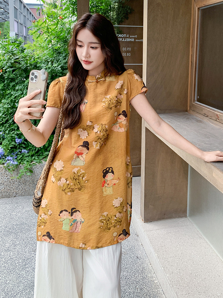 新中式复古印花改良旗袍套装女2025夏新款气质高级感阔腿裤两件套,女装套装/套裙,浙宝305