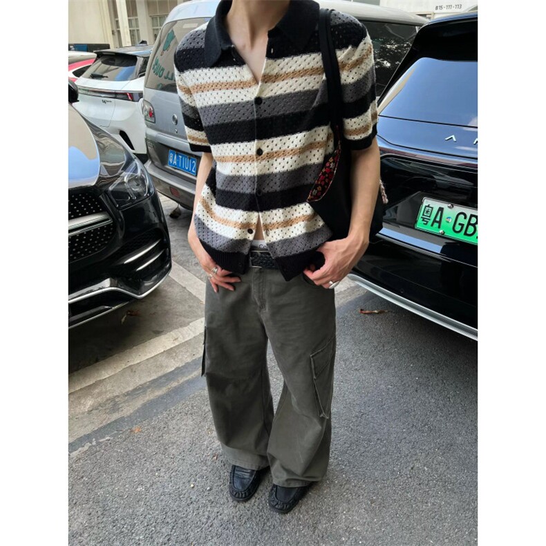 WE1567-P50 2025夏季潮流设计感老钱风针织镂空短袖衬衫图片