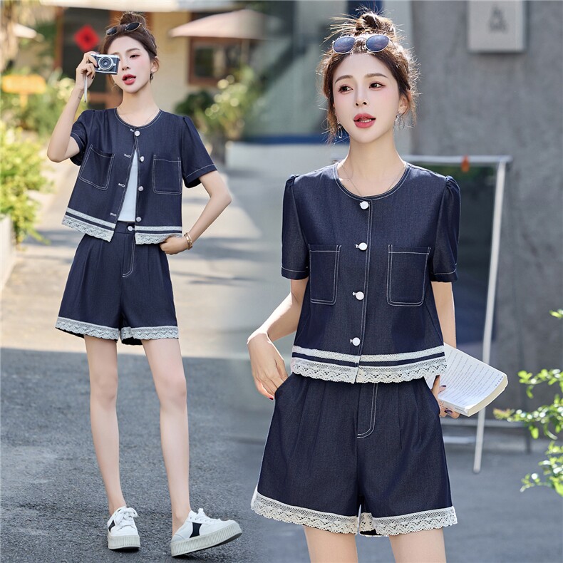 2025韩版夏季薄时尚显瘦蕾丝拼接牛仔短袖短裤套装，女装套装/套裙，贵人树