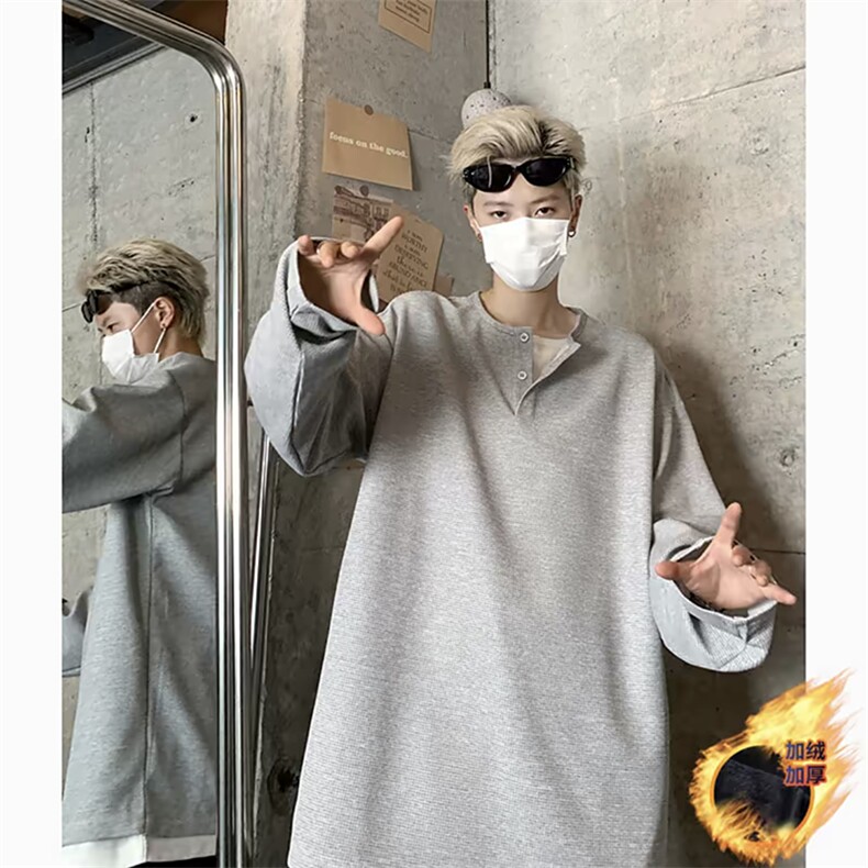 日系复古秋冬加绒套头V领T恤男女XZ213-V005-P35控48加绒P45控68,男装T恤,星座213