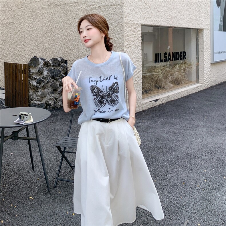 韩里韩气穿搭套装女2025夏季新款设计感休闲印花短袖半身裙两件套,女装套装/套裙,2C166
