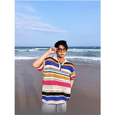 美式条纹撞色针织polo衫宽松夏季新款翻领休闲短袖T恤TY39，男装T恤，星座1116A（原606A-3）