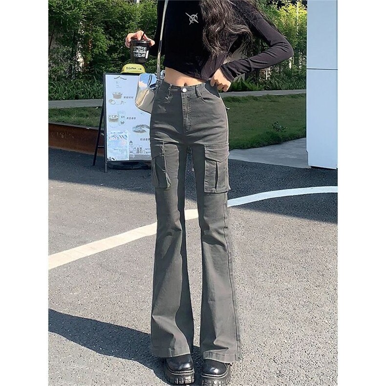 美式微喇叭工装裤牛仔裤女秋季高腰显瘦复古辣妹垂感马蹄裤子,男装牛仔裤,星座506A