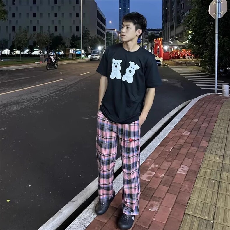 美式慵懒风四季直筒百搭粉色格子裤男阔腿裤日常休闲裤XCK92,男装休闲裤,星座208-5