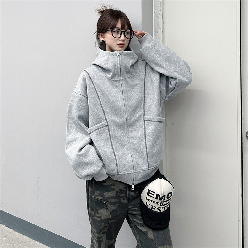 抖音得物高品质秋冬美式高街重磅结构辑明线纹理连帽卫衣外套W111，女装短外套，电商A486-1