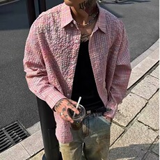 网络图!!!美式复古扎染格子长袖衬衫男高街嘻哈潮牌设计感衬衣，男装衬衫，星座1005-6