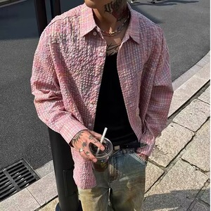 网络图!!!美式复古扎染格子长袖衬衫男高街嘻哈潮牌设计感衬衣图片