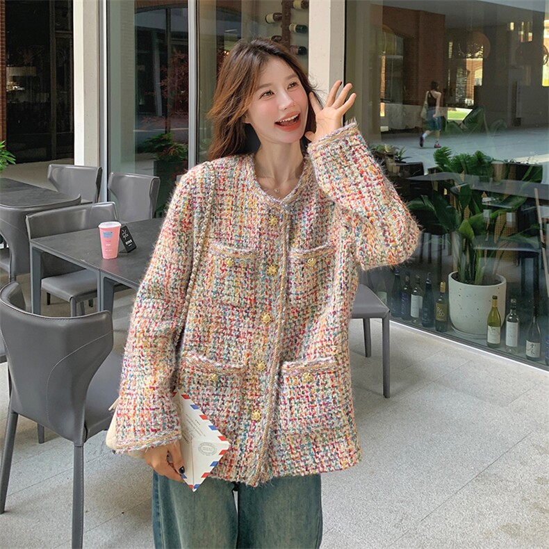 彩色圆领小香风粗花呢短外套女春季2025新款气质宽松百搭编织上衣,女装毛呢外套,天使之佳话
