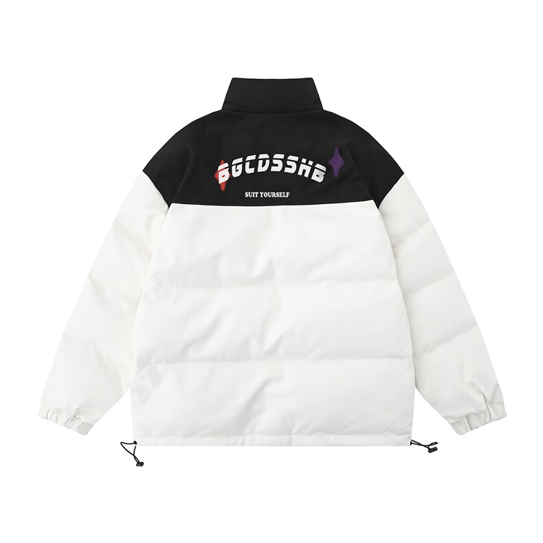 白底冬季时尚百搭宽松字母印花PU皮加厚棉服MY406特批P95控158,男装棉衣,电商A247-1