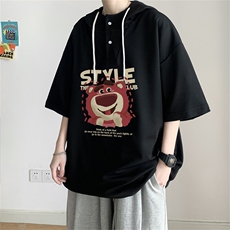 夏季港风冰丝宽松连帽短袖t恤五分体恤上衣TLM233-P40控58，男装T恤，电商B370