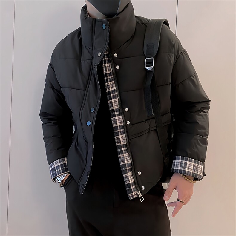 B05/P98控138冬季设计感假两件短款拼接格子棉衣外套男黑首1,男装棉衣,星座305B