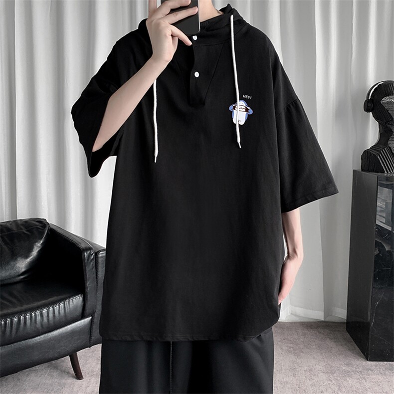 LD54167-P45连帽短袖t恤男大码胖子带帽五分袖中袖,男装T恤,电商A040