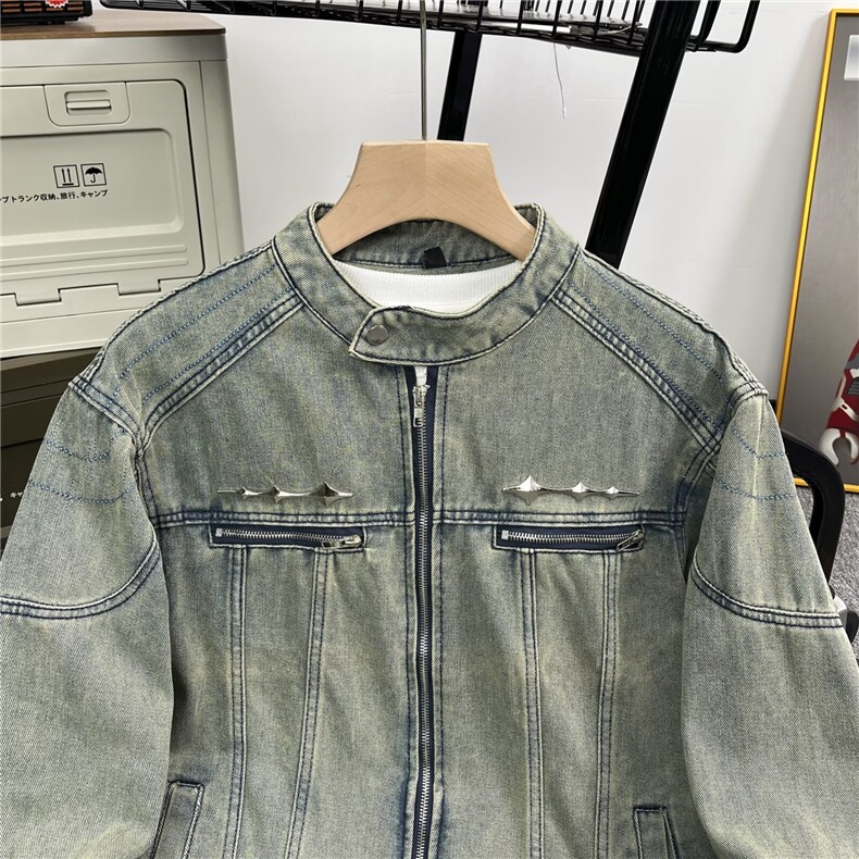 做旧水洗垫肩短款拼接牛仔外套男士复古金属拉链设计夹克A051/P75,男装夹克,星座506B