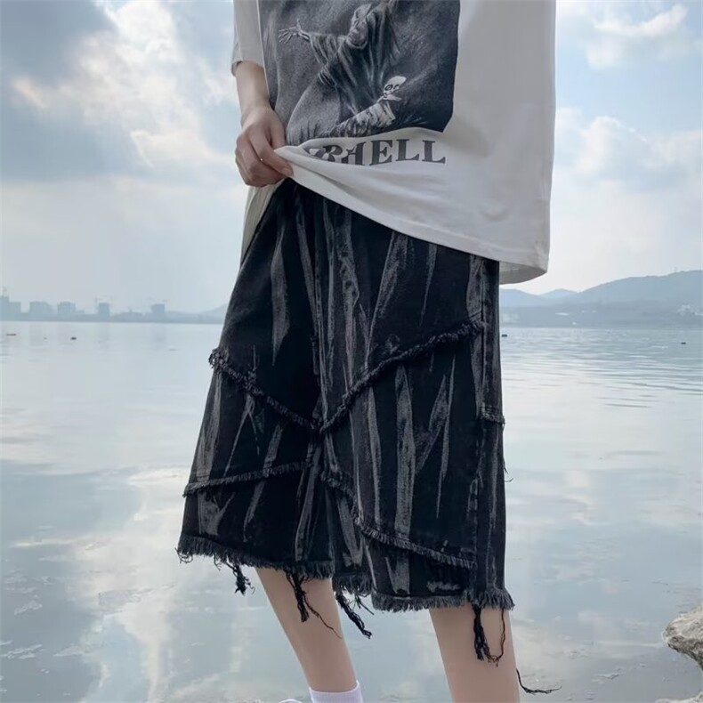 扎染牛仔短裤男夏季美式复古毛边五分裤潮牌潮流高街oversize裤子,男装牛仔裤,星座410-6（原星座1304-1）