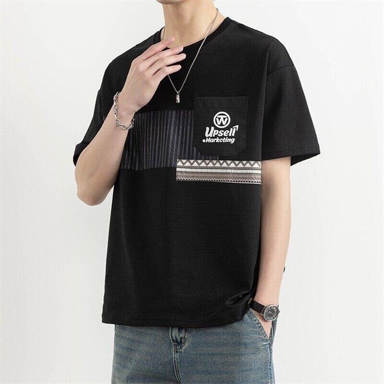 25166-特P40夏季休闲时尚圆领T恤男打底衫个性拼接撞色短袖t恤男,男装T恤,电商D310B