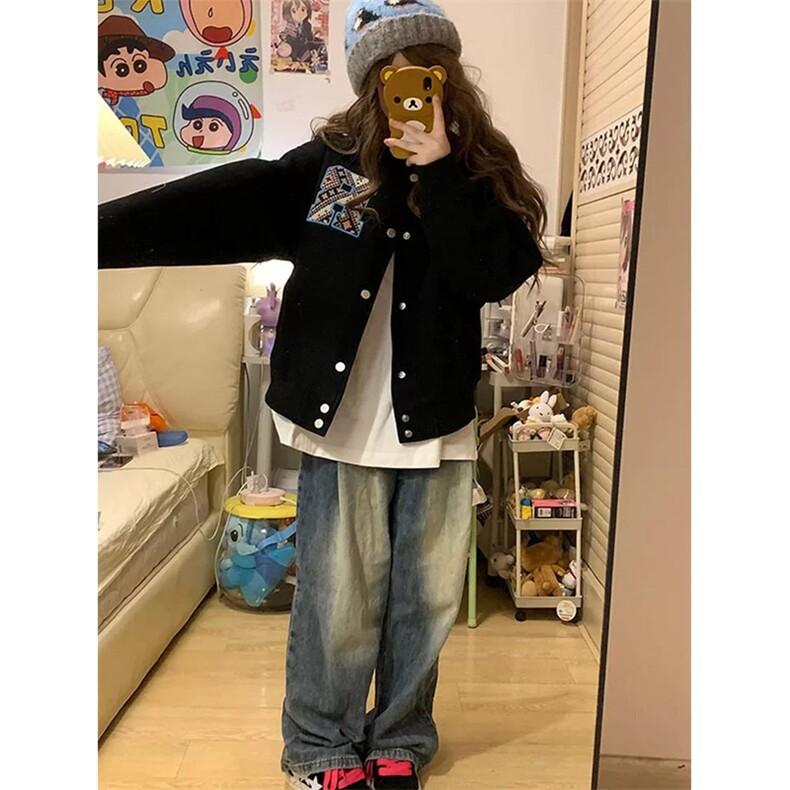 网图有货美式迷宫格民族风贴布字母刺绣棒球夹克男女A1034-P65,男装民族服装,星座1505