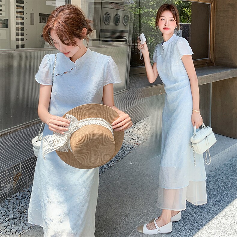 新中式改良旗袍设计感时尚收腰显瘦裙子女2025夏季淡人国风连衣裙,女装连衣裙,纯色衣恋