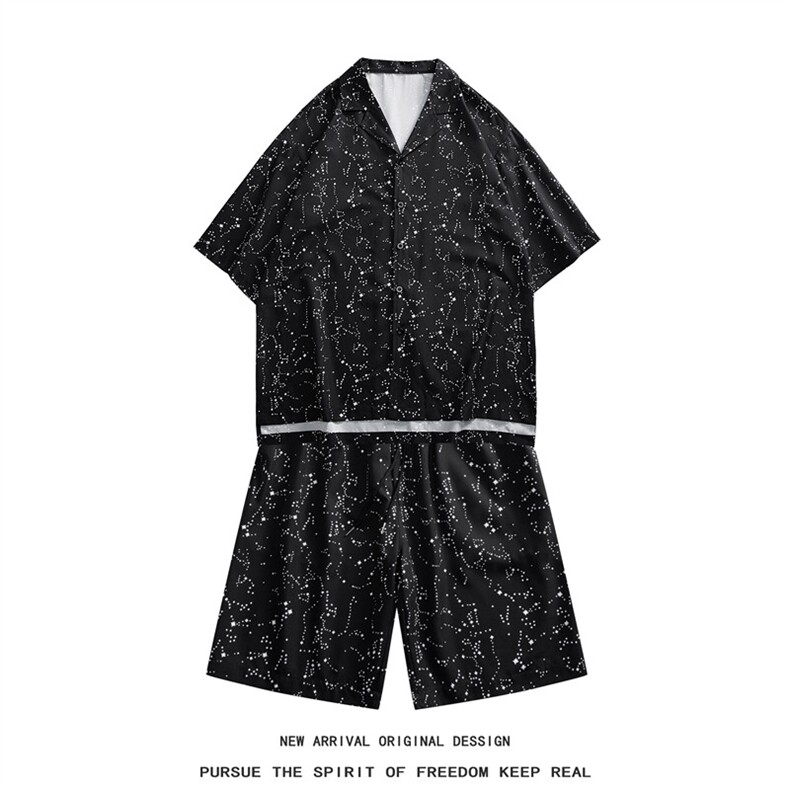 TZ9039/P55新款冰丝衬衫短裤套装男宽松大码两件套潮男上衣裤子,男装衬衫,电商A141
