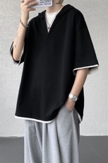 8XL-M假两件短袖卫衣连帽t恤男夏季薄款宽松大码学生半袖DT007P48，男装T恤，电商B312