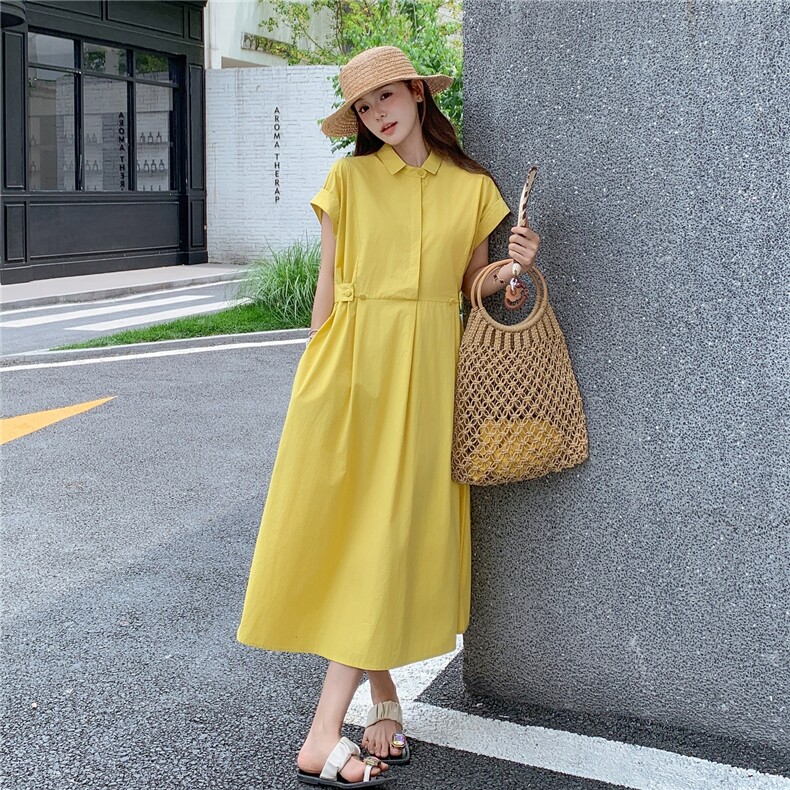 2025夏季新款女韩版小个子时尚翻领短袖收腰显瘦气质长款连衣裙,女装连衣裙,2C307