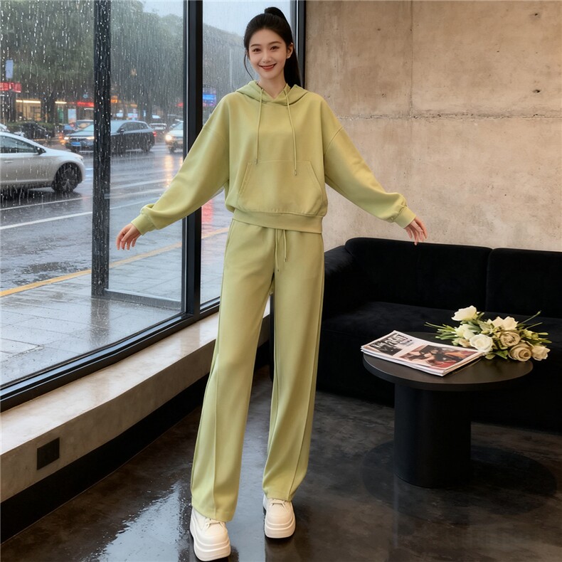 秋季新款时尚休闲减龄套装女纯色连帽长袖卫衣高腰阔腿长裤两件套,女装套装/套裙,2C310
