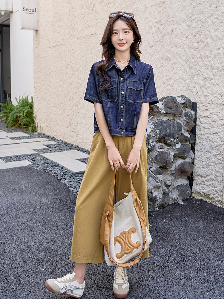 时尚牛仔套装女2025夏季淡人条纹洋气减龄小个子工装阔腿裤三件套,女装套装/套裙,铭街依杨