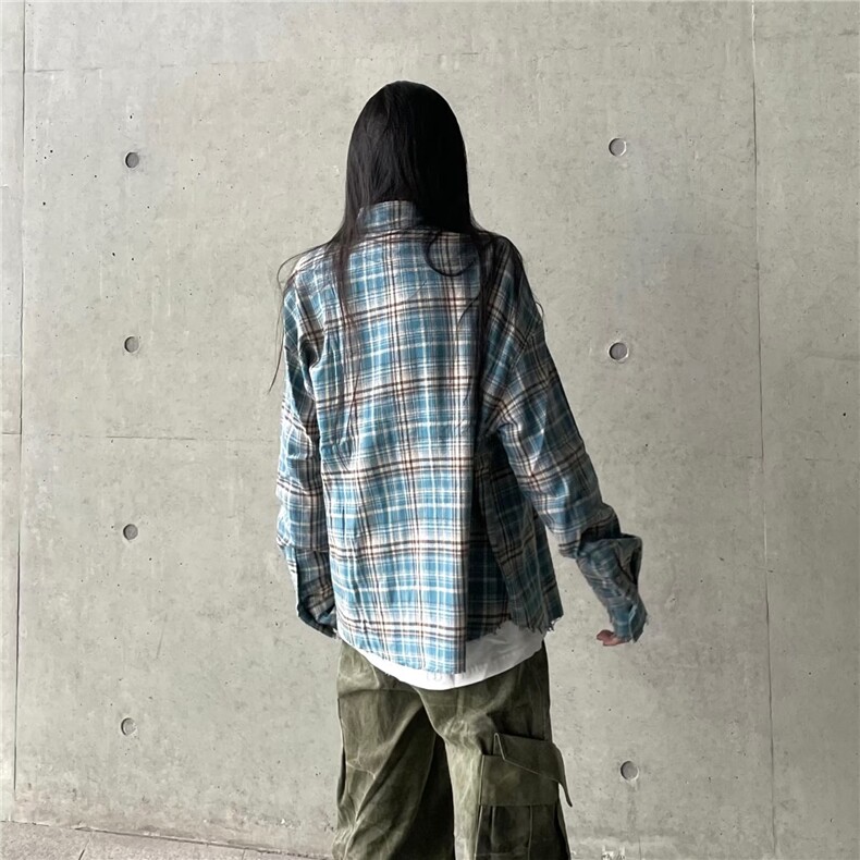 美式复古流苏破坏蓝格子长袖衬衫男款设计感春秋季情侣装衬衣外套,男装衬衫,星座506A
