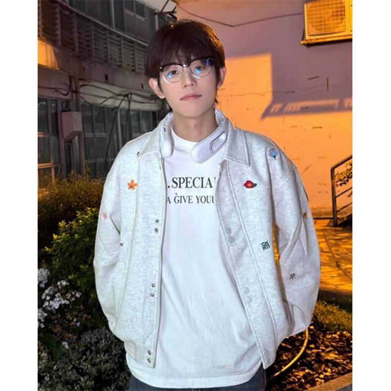 花卉刺绣外套男2025秋季翻领情侣复古百搭卫衣工装夹克J6819,男装夹克,星座1116A（原606A-3）