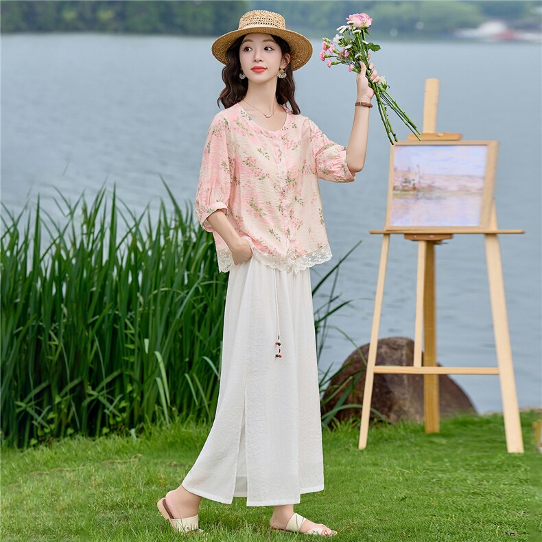 2026年夏季时尚优雅印花小衫阔腿裤套装两件套女,女装套装/套裙,依路服饰