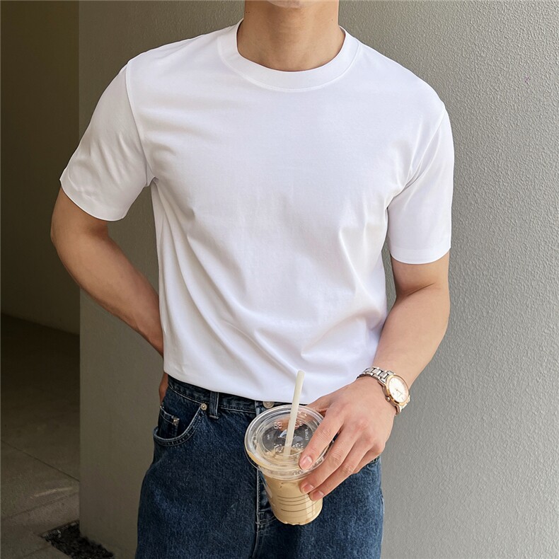 男士夏英伦液氨棉冰爽免烫纯色短袖T恤打底衫圆领，男装T恤，电商A407