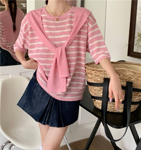 夏季新款简约条纹短袖针织衫女宽松休闲上衣图片