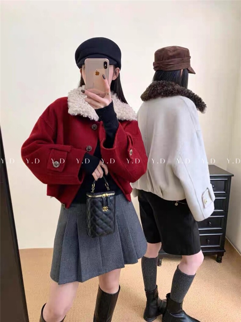 【依嘟】2026冬新款韩系羊羔毛翻领短款小个子羊毛外套（含1，女装双面呢大衣，依嘟服饰