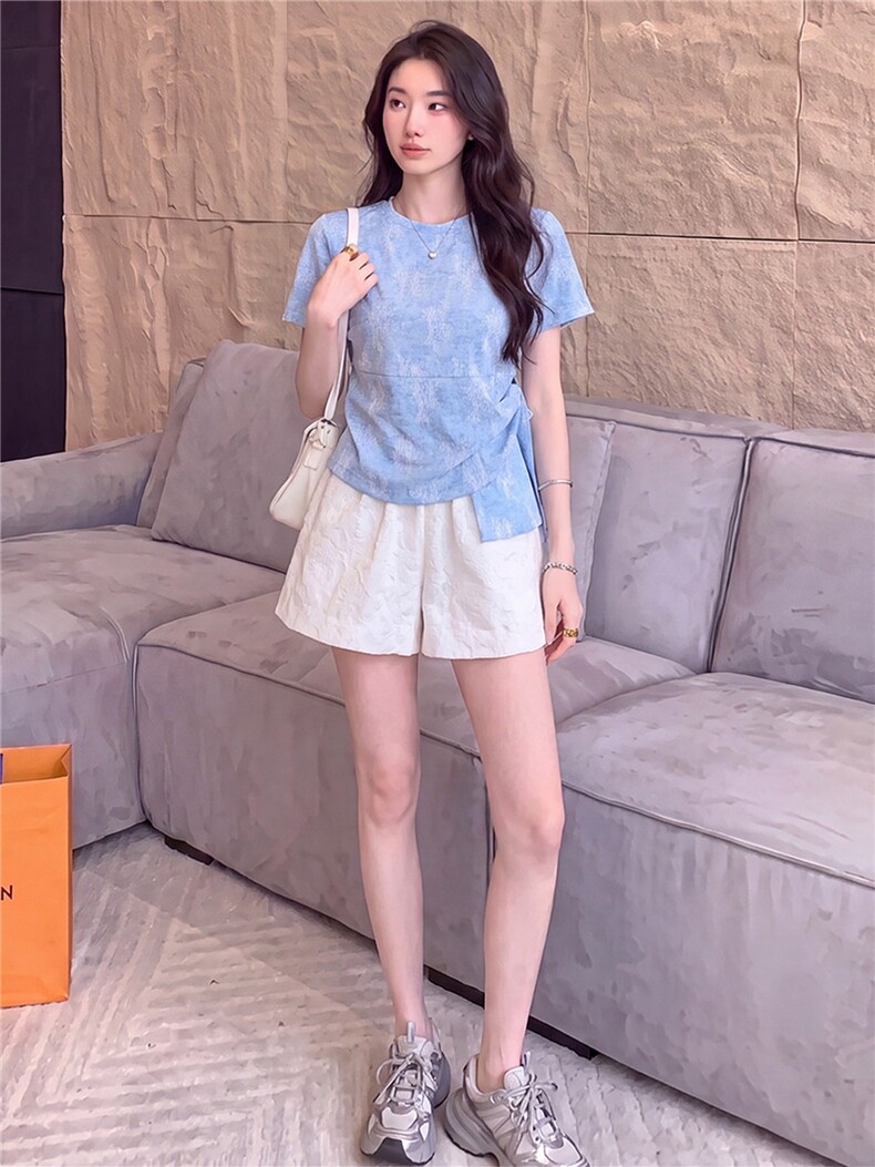 女夏新款时尚减龄套装圆领侧绑带晕染设计短袖上衣蕾丝短裤两件套,女装套装/套裙,江南