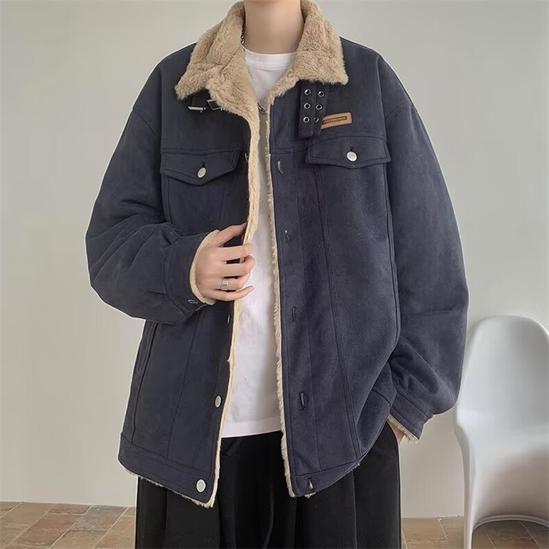 现货鹿皮绒加绒棉服羊羔毛外套男冬季加绒保暖工装棉衣冬装棉服潮,男装棉衣,星座302B-3
