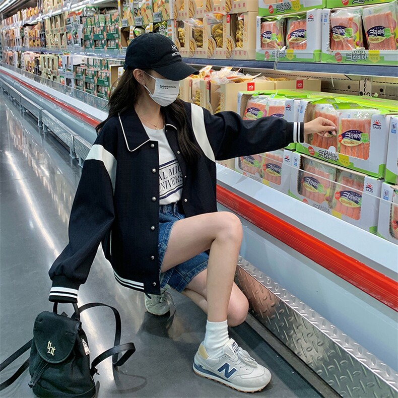 学院风撞色拼接小个子短外套女秋新款美式运动服棒球服夹克外套潮,女装短外套,一九零