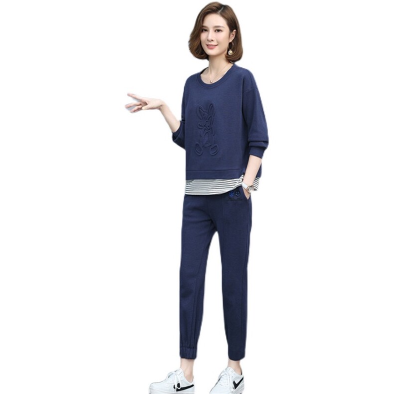 2022春季新款简约时尚气质圆领个性拼接上衣宽松休闲两件套，女装套装/套裙，丽影随形
