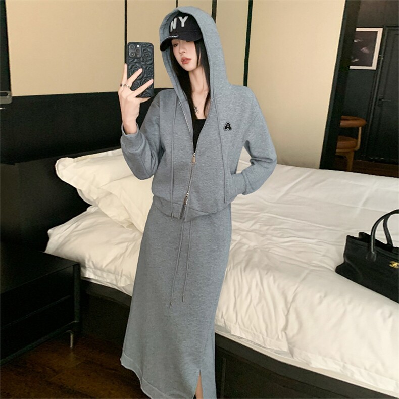 女春简约气质连帽拉链开衫卫衣半身裙两件套,女装套装/套裙,江南
