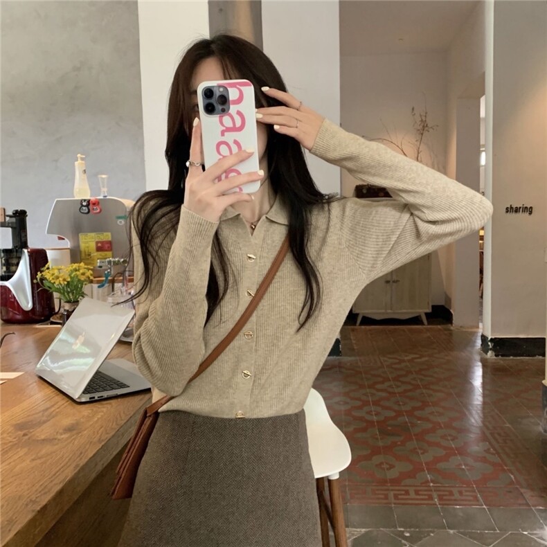 设计感小众翻领长袖针织衫秋冬洋气纯色上衣打底开衫可内搭可外穿,针织衫/毛衣,沐策羊绒