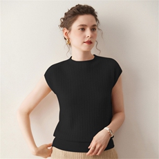 休闲舒适~山羊绒衫女圆领无袖打底衫纯色卷边宽松显瘦亲肤针织衫，女装T恤，溪贝羊绒