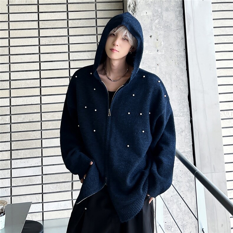 美式不规则珍珠连帽双拉链开衫毛衣宽松外套男女 12808-P73图片