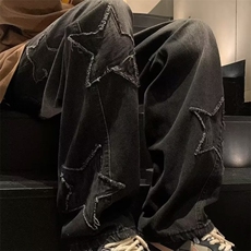1042-P47五角星牛仔裤男秋冬美式高街潮牌裤子直筒宽松拖地，男装牛仔裤，电商B323A