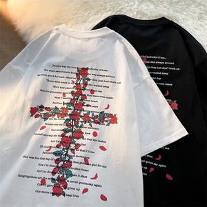 夏季情侣宽松百搭T恤美式复古字母印花做旧短袖T恤男 T1221-P20图片