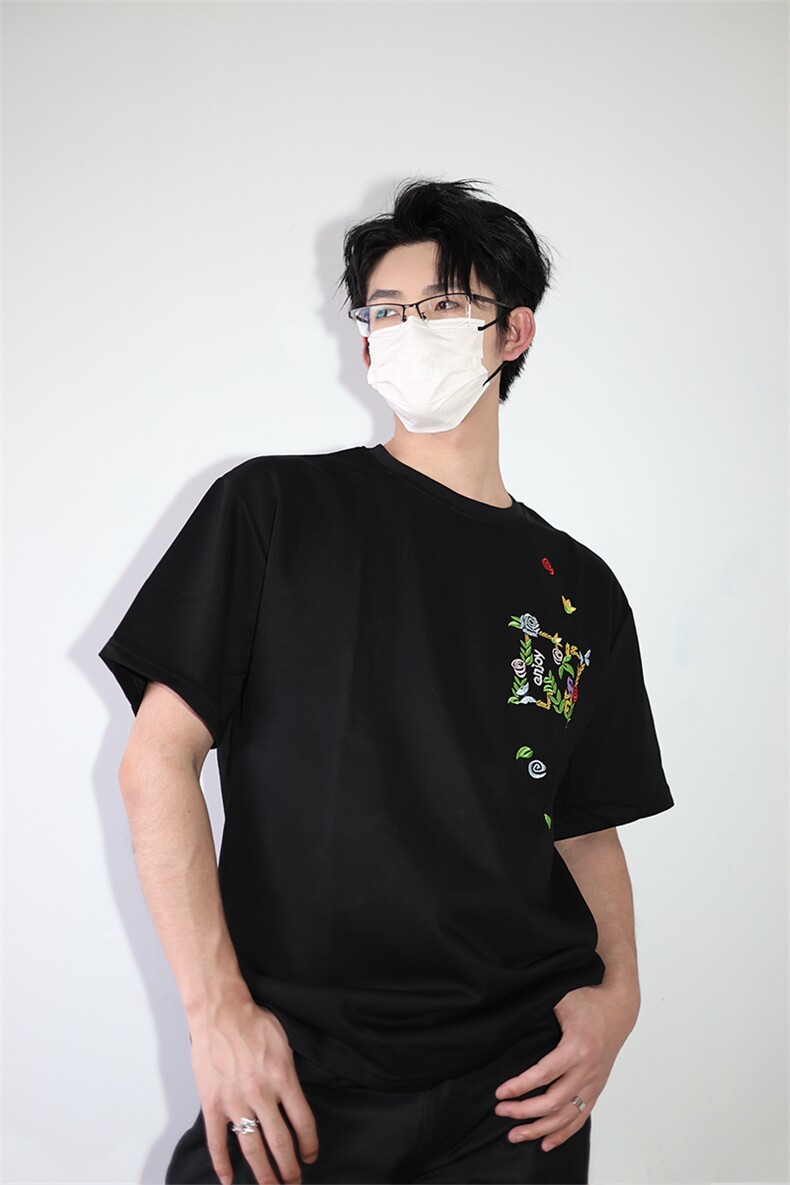 风短袖T恤花绘刺绣设计感T恤美式复古条纹口袋短袖T恤P48,男装T恤,电商B319