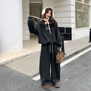 灰色复古针织立领拼接卫衣套装女2026冬韩系休闲运动阔腿裤两件套图片