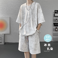 特批P48无差价25夏季休闲冰丝扎染大码V领T恤短裤两件套男TZ5144，男装T恤，电商A001